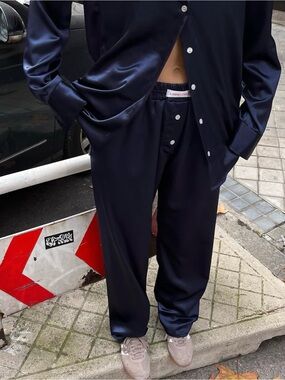 NWOT Hand Over Ex-Boyfriend Pant in Navy Satin Silky Comfy Everyday Casual Party